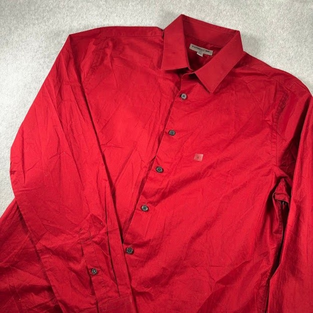 Express 1MX Dress Shirt Mens L Red Solid Slim Fit Long Sleeve Button Up Shirt